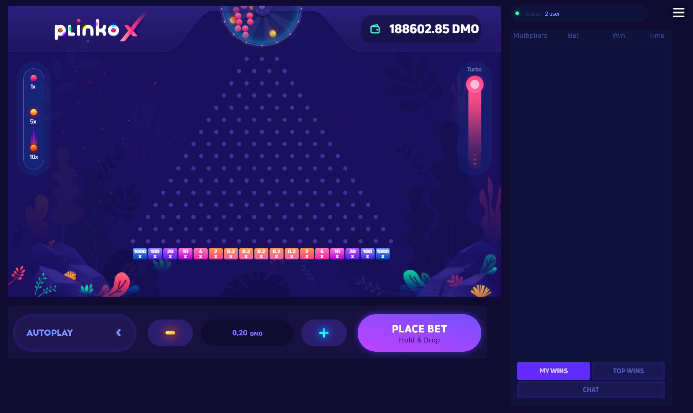 Игровой интерфейс Plinko X